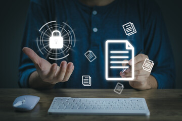 cyber security concept, man working on computer that is designed to protect networks, devices, programs and data from attacks, damage or unauthorized access.