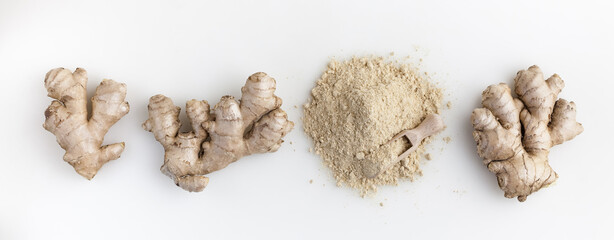 Set of fresh ginger root and powder islolated on white background. Top view.