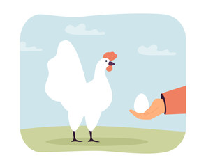 Hen laying eggs for people flat vector illustration. Farmers hand holding egg. Farming, poultry production, livestock concept for banner, website design or landing web page