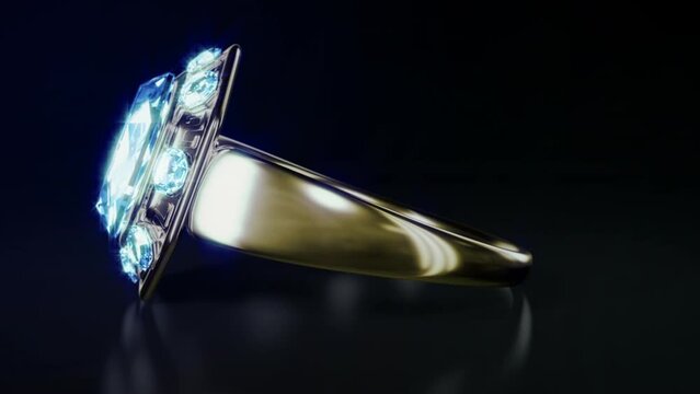 golden engagement ring with diamond gemstone rotate, isolated, fictive - loop video