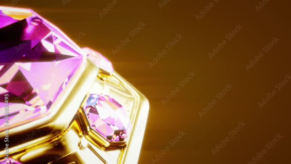 Poster defocused background- shining purple gem stone with gold setting rotate - loop video