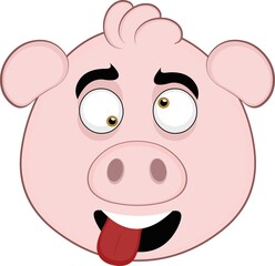 Vector illustration of the face of a cartoon pig with a crazy expression