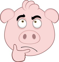 Vector illustration of a cartoon pig face with a thinking expression
