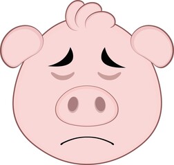 Vector illustration of the face of a cartoon pig with a sad expression