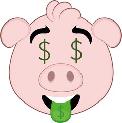 Vector illustration of the face of a cartoon pig with the dollar sign in the eyes and tongue