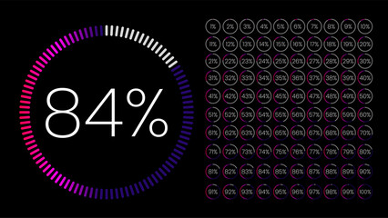 The illustration of 84 percent (84%) is a vector in a circle with purple, blue, pink, and gray on a black background. The stat has many percent sets of the rest of the number for a pie chart report
