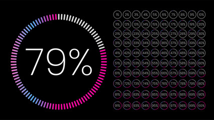 The illustration of 79 percent (79%) is a vector in a circle with purple, blue, pink, and gray on a black background. The stat has many percent sets of the rest of the number for a pie chart report