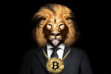 Illustration of a lion in a black tuxedo with a big gold Bitcoin logo chain around his neck