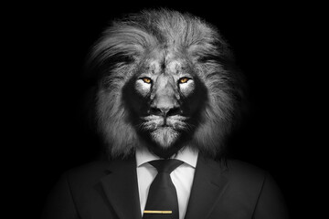 Grayscale shot of a lion with a classy look in a suit