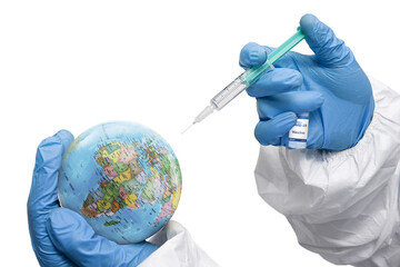 Doctor injecting syringe of Coronavirus vaccine on the planet earth on a white background