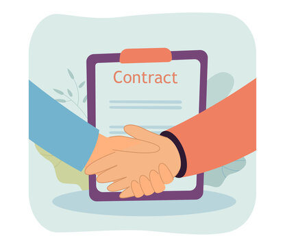People shaking hands after signing contract. Businessmen making deal flat vector illustration. Agreement, partnership, investment concept for banner, website design or landing web page