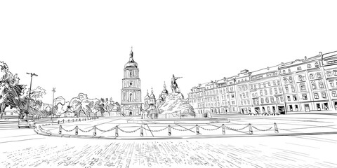 Sofia Square. Saint Sophia Cathedral. Kyiv. Ukraine. Hand drawn sketch. Vector illustration.