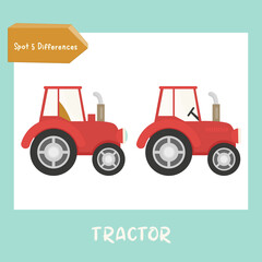Farm activities for kids. Spot 5 differences. Farm tractor. Vector illustration.
