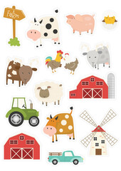 Farm Animals and objects set. Cartoon stickers isolated on white background. Vector illustration. Mill, barn, cow, sheep, tractor, pig, goat.