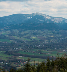 Fototapeta na wymiar Lysa hora from Ondtejnik hill summit above Frydlant nad Ostravici in Czech republic