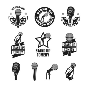 Set of stand up related vintage labels, badges and design elements. Stand up comedy emblems. Microphones isolated on white background. Vector illustration.