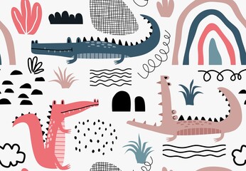 Childish seamless pattern with crocodile.