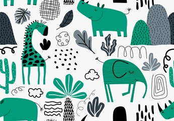 Cartoon cute rhino. seamless pattern