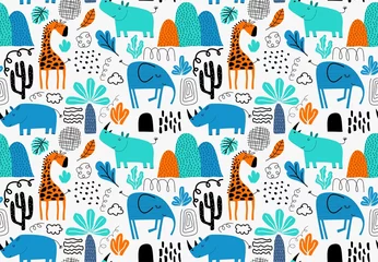 Tapeten Seamless pattern with cute tropical animals © andin