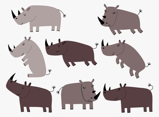 Set of cute cartoon rhino in modern simple flat style.