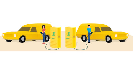 man and woman charging delivery van at electric vehicle charging station, vehicle at EV charge Point, business character vector illustration on white background.