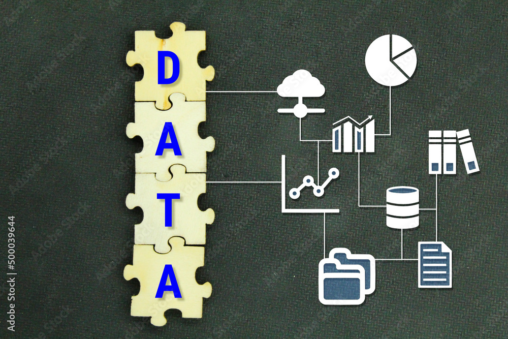 Poster wooden puzzles with data icons and data words. data concept
