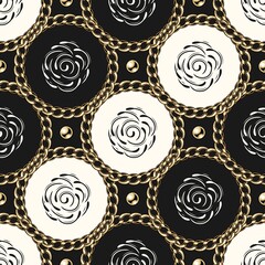 Seamless vintage diagonal pattern with circles, gold chain, beads, linear contour roses. Fashion illustration. Classic background. Vector illustration