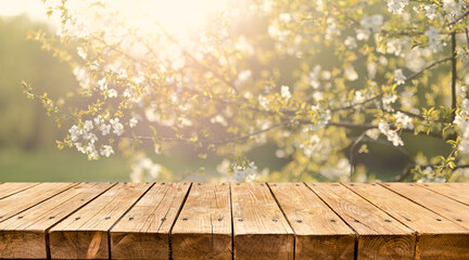 Empty wooden table with spring theme in the background