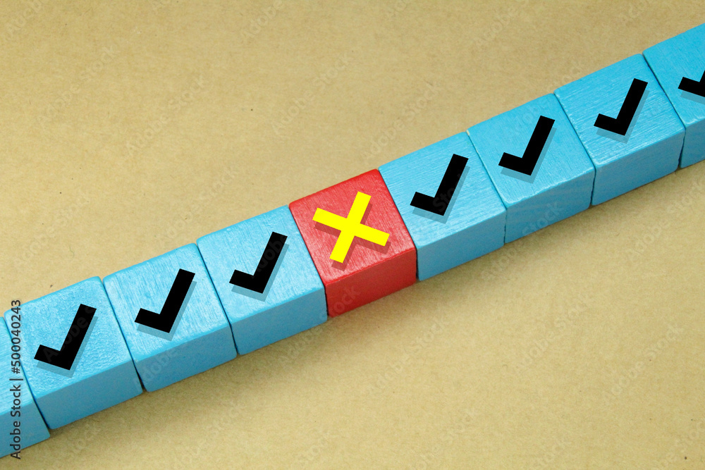 Poster colored cubes with right and wrong icons. checklist or checkmark