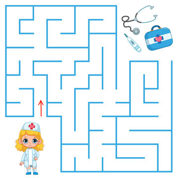 A cute little girl in a nurse costume is looking for a way to the doctor's suitcase and medicines through the maze. Find a way out of the maze. Educational game for children. Cartoon vector.