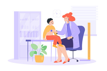 Doctor examining kid with stethoscope flat vector illustration. Sick boy or child sitting on table in physicians office, having appointment with pediatrician. Examination, aid, assessment concept