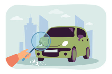 Person looking at damaged car through magnifier. Broken auto after collision on road accident flat vector illustration. Emergency, transportation concept for banner, website design or landing web page