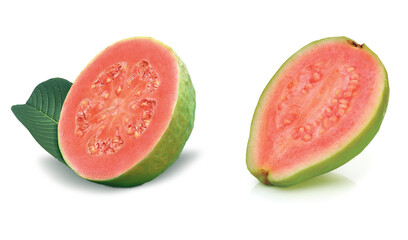 duas goiaba cortas em fundo branco - frutas tropicais