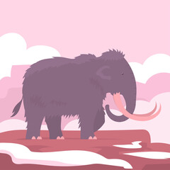 Ancient woolly mammoth. Extinct animal of the Ice Age. Tusks and trunk. Vector cartoon illustration on the background of rocks