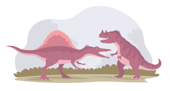 Fight of two dinosaurs. Predatory ceratosaurus against spinosaurus. Extinct animals of the Jurassic period. Ancient pangolins. Vector cartoon illustration © Mikhail Ognev