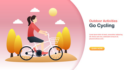 Flat illustration of girl riding on bicycle. Cycling banner, site, poster template
