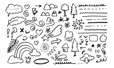 Hand drawn doodle design elements, black on white background. wind, swoops, emphasis, Arrow, crown, line, hill. doodle sketch design elements