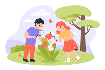 Children looking at flowers through magnifier. Cute girl and boy spending time outdoor flat vector illustration. Students or little scientists learning biology. Discovery, nature, camping concept