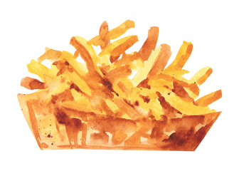 Watercolor french fries. French fries in paper packaging
