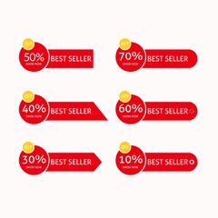 Sales tag set. Ribbon sale banner. Red ribbon prices and discount labels. Red starburst sticker. Vector illustration.
