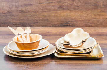 Kitchenware made from dried betel nut leaf palm, natural material. The Green product eco friendly concept.