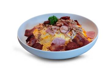 Omelette rice with Chinese sausage and sausage as ingredients on a white background,with clipping path