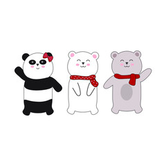Panda, white bear and brown bear are friends, three cute bears, vector, illustration.
