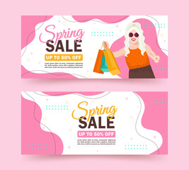 Advertising banners spring sale. Discounts up to 50%. Cheerful young girl with shopping in bright pink, yellow and light shades. Vector illustration.