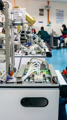A row of automated manufacturing work cell in the laboratory at engineering university.