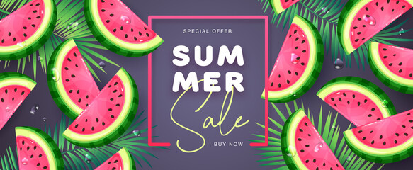 Summer sale poster with slices of watermelon on tropic background. Summer watermelon background. Vector illustration
