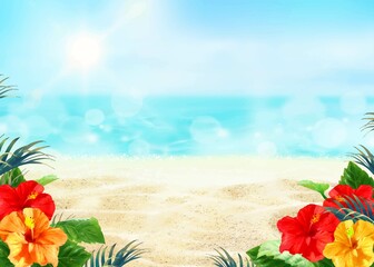 太陽の光差し込む虹のある青い空の下美しい海とヤシの葉とハイビスカスの咲く夏のおしゃれフレーム背景素材  © MerciArtworks