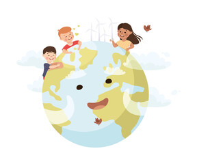 Cute Kids Caring About Earth Planet Saving World Vector Illustration