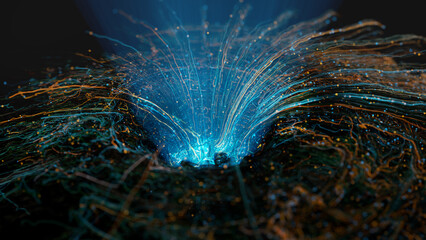 Wires forming the exit to the light. Data centralization concept. 3d render.