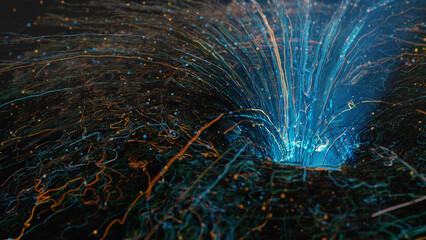 Wires forming the exit to the light. Data centralization concept. 3d render.